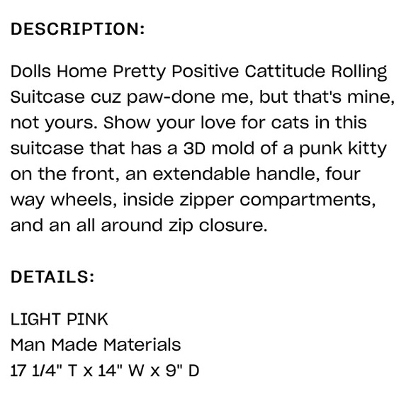 Baby Pink Dolls Home Pretty Positive Cattitude Rolling Suitcase (Do Not Bundle) - Picture 5 of 5